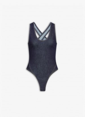 Bodysuit Alaia Denim Crossback Body Femme Bleu France | R0Y-9996