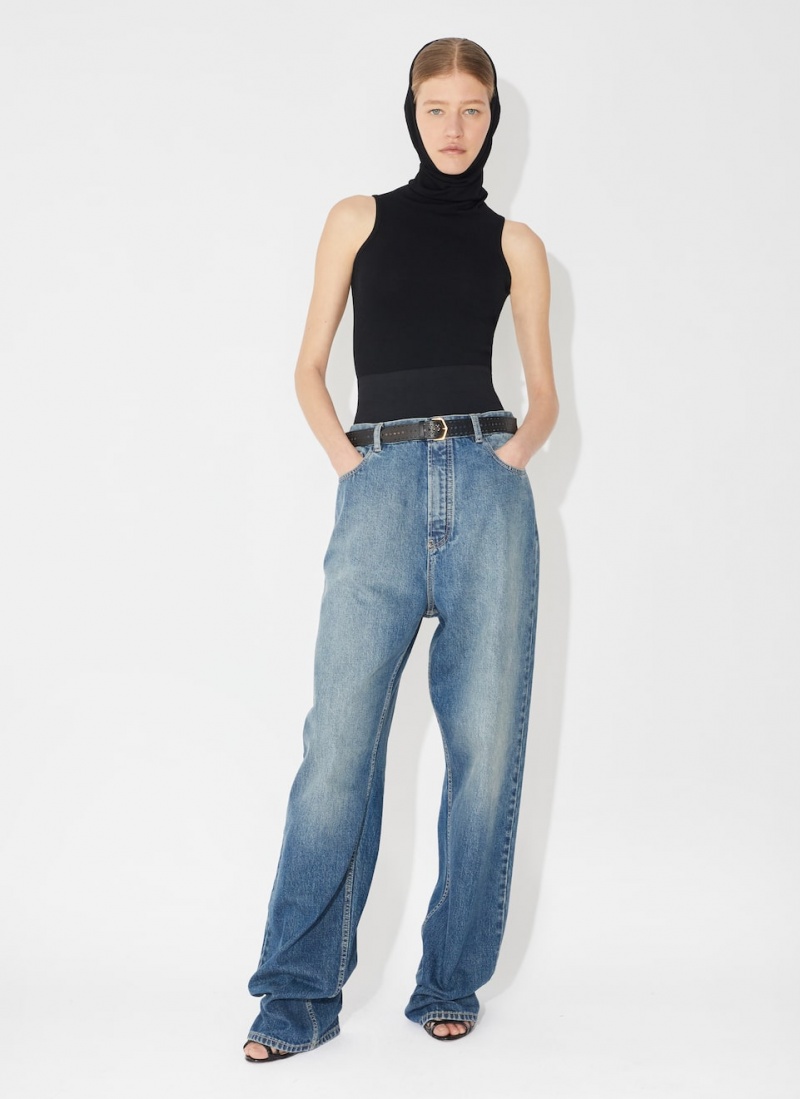 Pantalon Alaia Knit Belt Denim Femme Bleu France | I4M-7027